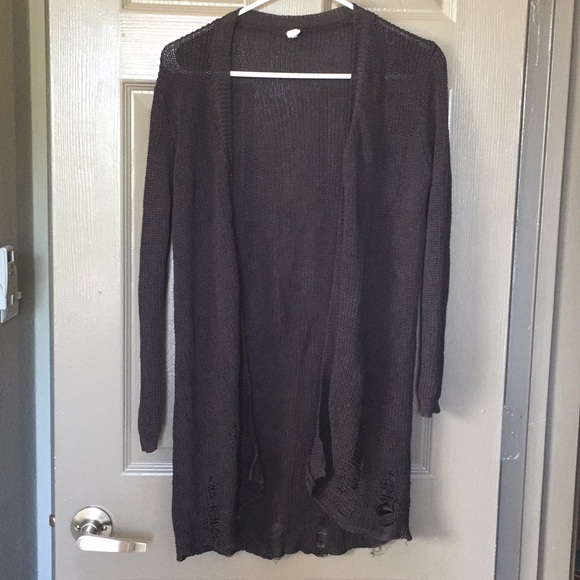 Wishlist Charcoal Cozy Long Grey Distressed Open Front Long Sleeve Cardigan, M/L - Picture 2 of 6